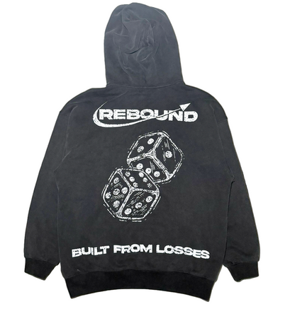 Acid Wash Black hoodie with 'Rebound' and dice design on the back, on a white background