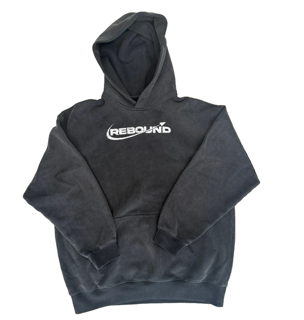 Acid wash Gray hoodie with 'REBOUND' logo on a white background